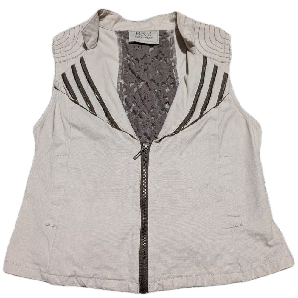 BKE Outerwear‎ Womens Medium Beige Washed Canvas Vest Zip Laces